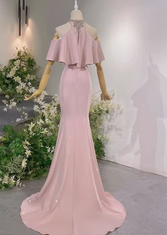 New Arrival Prom Dress Light Pink Crew Neck Mermaid Gala Dress Evening Dress Formal Dress  D4542