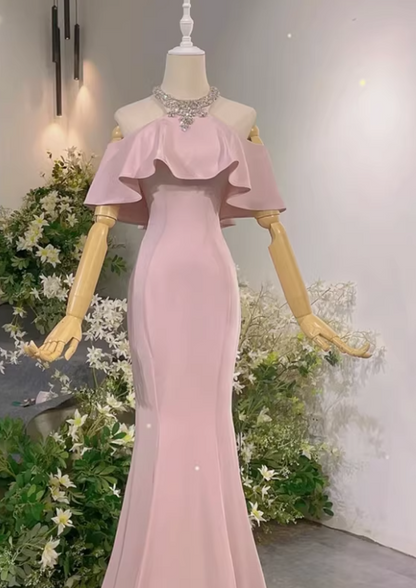 New Arrival Prom Dress Light Pink Crew Neck Mermaid Gala Dress Evening Dress Formal Dress  D4542