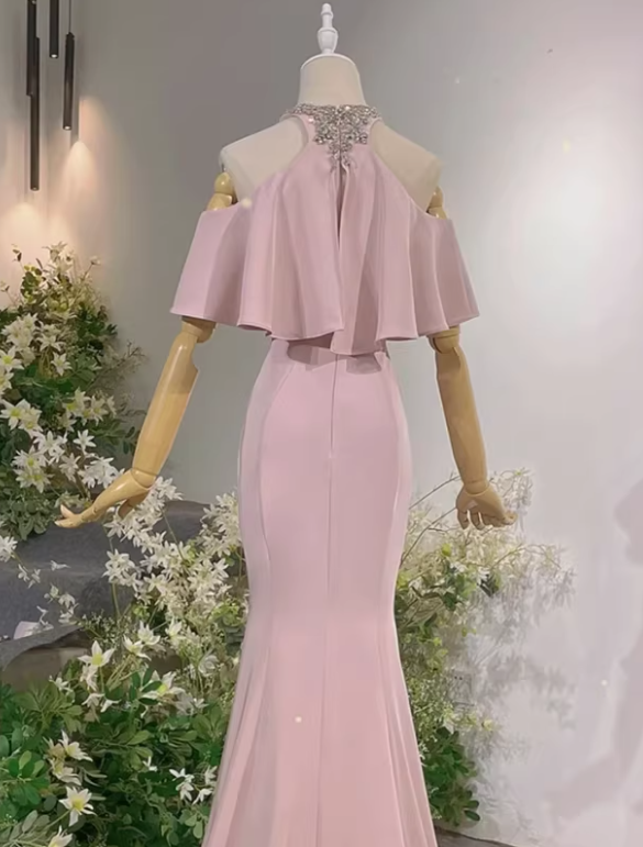 New Arrival Prom Dress Light Pink Crew Neck Mermaid Gala Dress Evening Dress Formal Dress  D4542