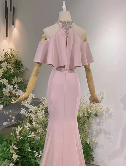 New Arrival Prom Dress Light Pink Crew Neck Mermaid Gala Dress Evening Dress Formal Dress  D4542