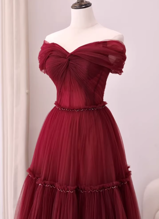 Stunning Prom Dress Wine Red Off Shoulder Pleated Tulle Gala Dress Evening Dress Formal Dress  D4543