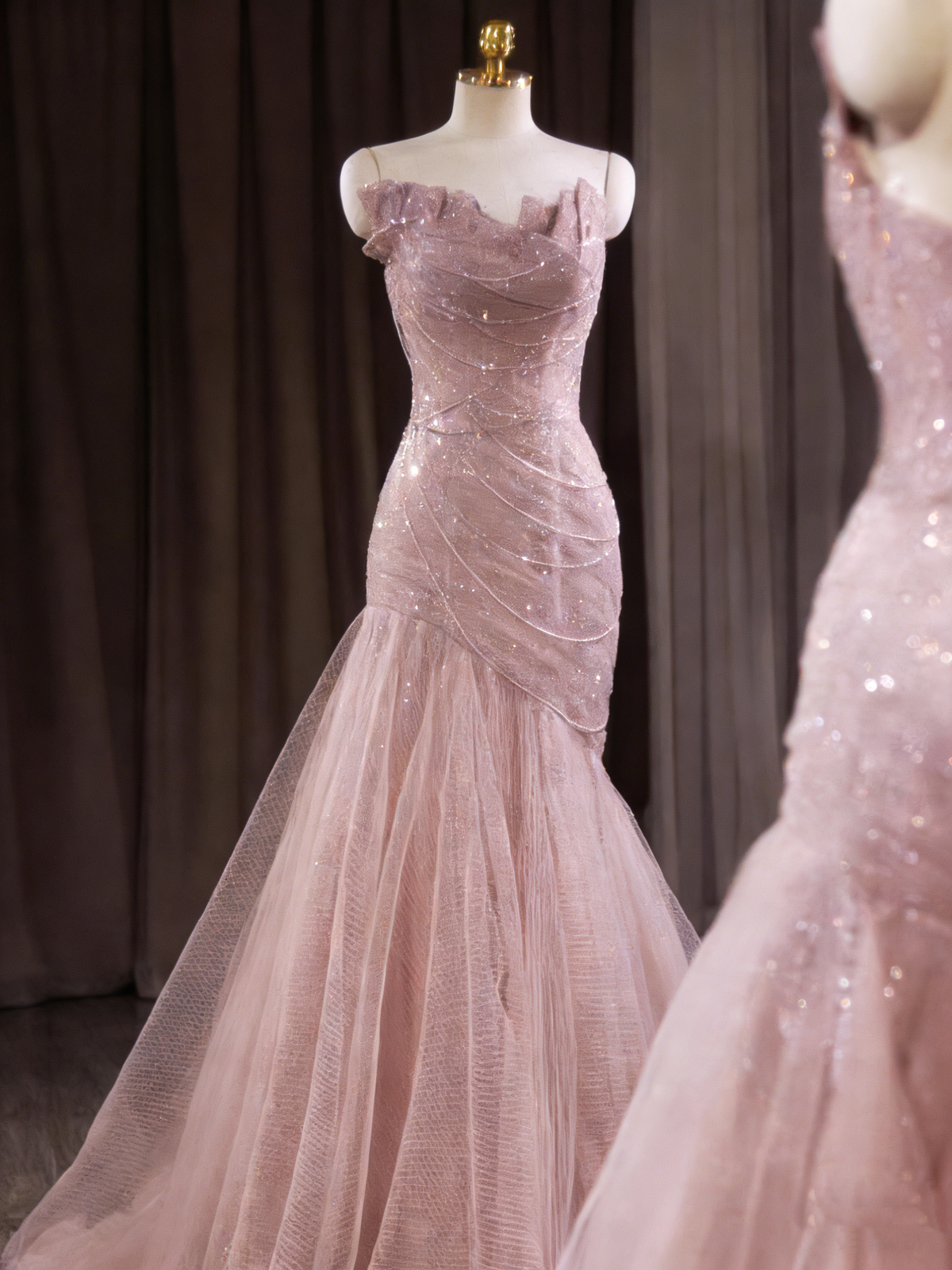 Stunning Prom Dress Strapless Pleated Tulle Mermaid Gala Dress Evening Dress Formal Dress  D4549