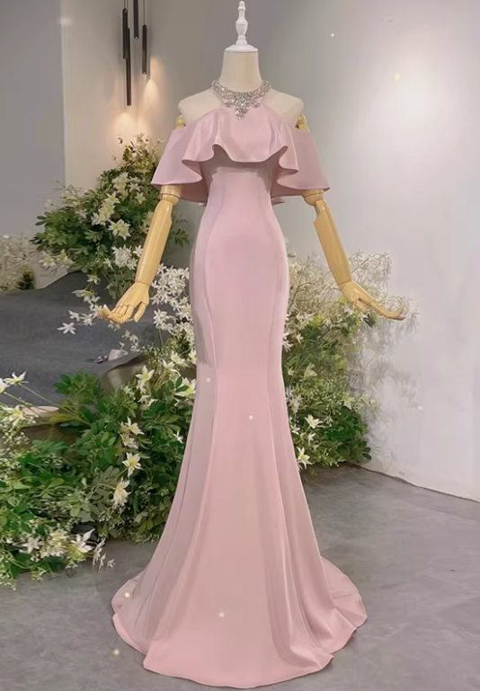 New Arrival Prom Dress Light Pink Crew Neck Mermaid Gala Dress Evening Dress Formal Dress  D4542