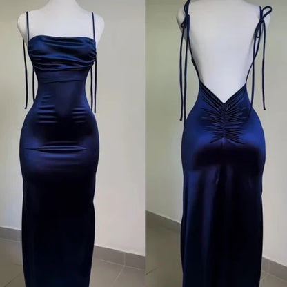 Navy Blue Straps Open Back Ruffles Sheath Satin Long Party Dress MD7479