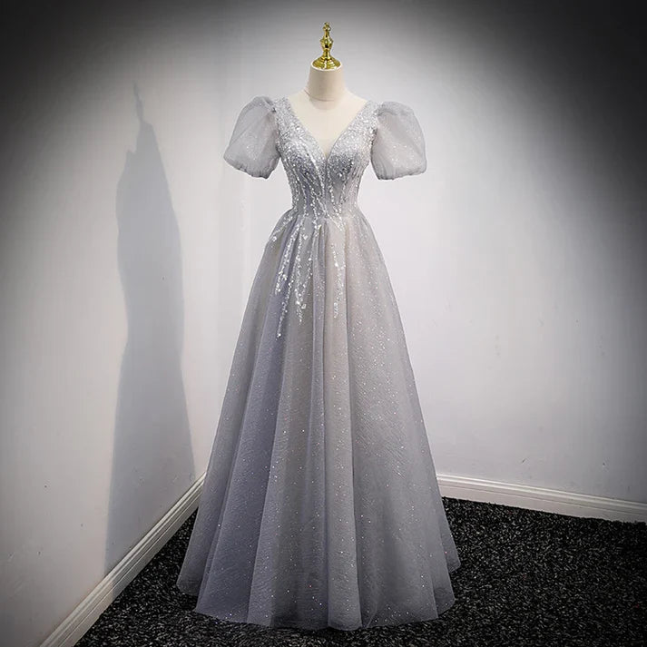 Gray A-Line Sequins Short Sleeves Formal Evening Dress Long Prom Dress MD7544