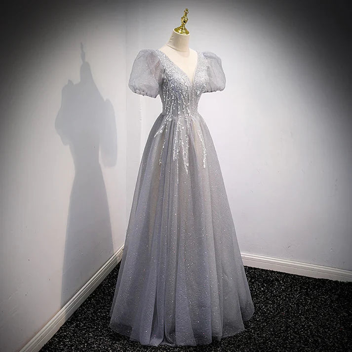 Gray A-Line Sequins Short Sleeves Formal Evening Dress Long Prom Dress MD7544