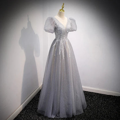 Gray A-Line Sequins Short Sleeves Formal Evening Dress Long Prom Dress MD7544