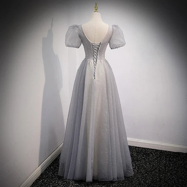 Gray A-Line Sequins Short Sleeves Formal Evening Dress Long Prom Dress MD7544