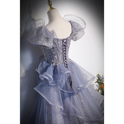 Gray A Line Prom Dress Puff Sleeves Formal Evening Dress Sweet Party Dress MD7563