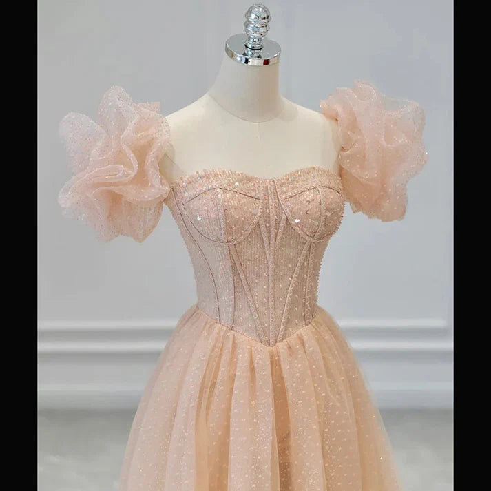 Champagne Pink Sparkly A Line Long Prom Dress Bling Evening Dress MD7545