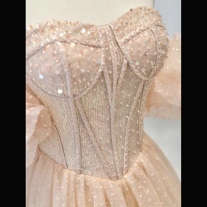 Champagne Pink Sparkly A Line Long Prom Dress Bling Evening Dress MD7545