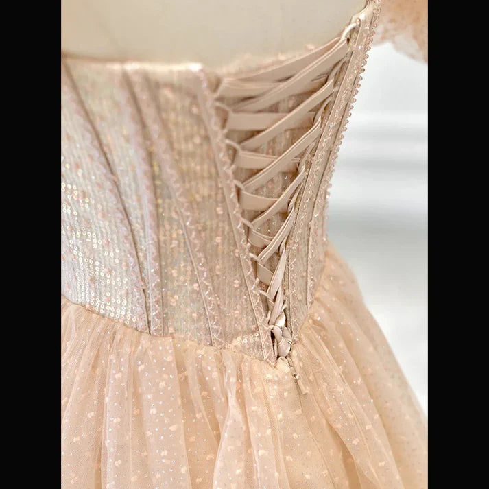 Champagne Pink Sparkly A Line Long Prom Dress Bling Evening Dress MD7545