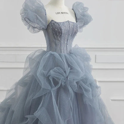 Blue Tulle Princess Ball Gown Puff Sleeves Sweet Evening Dress MD7547