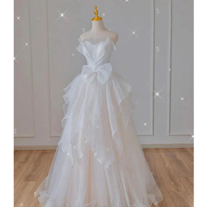 White French Strapless Wedding Gown Bow Tie Long Prom Dress MD7552