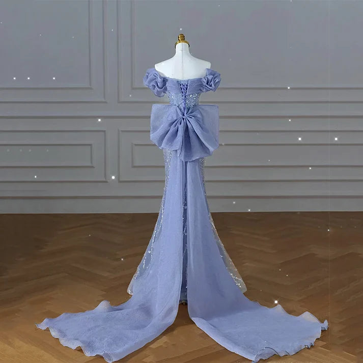 Blue Beaded Mermaid Prom Dress Off Shoulder Sparkly Long Evening Dress MD7553