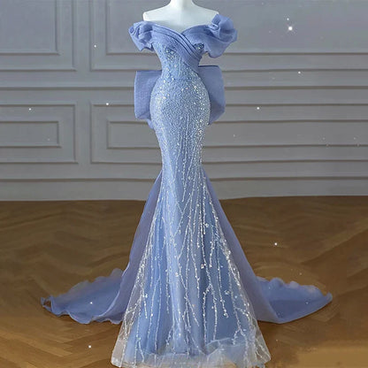 Blue Beaded Mermaid Prom Dress Off Shoulder Sparkly Long Evening Dress MD7553