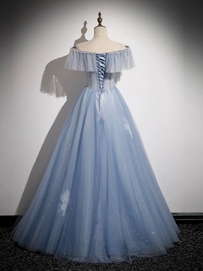 A-Line Off Shoulder Tulle Blue Long Prom Dress, Blue Long Formal Dress MD7255