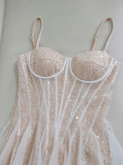 A-Line Sweetheart Neck Tulle Sequin Light Champagne Short Prom Dress MD7264