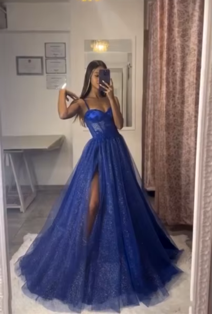 Blue Spaghetti Straps A-Line Long Formal Prom Dress with Slit MD7270