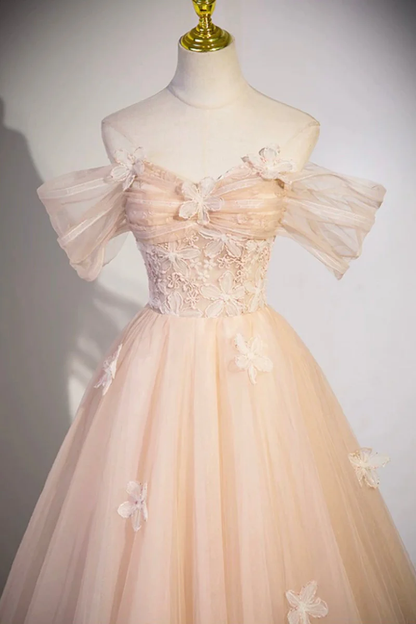 Light Pink Off Shoulder A-Line Tulle Appliques Long Prom Dress MD7276