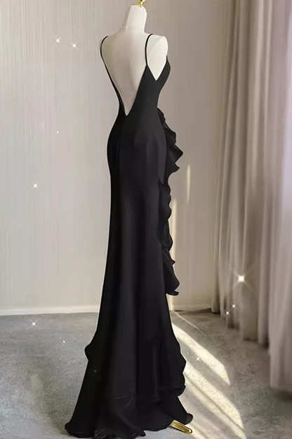 Black Mermaid Prom Gown with Ruffles, Spaghetti Straps Backless Dress MD7293