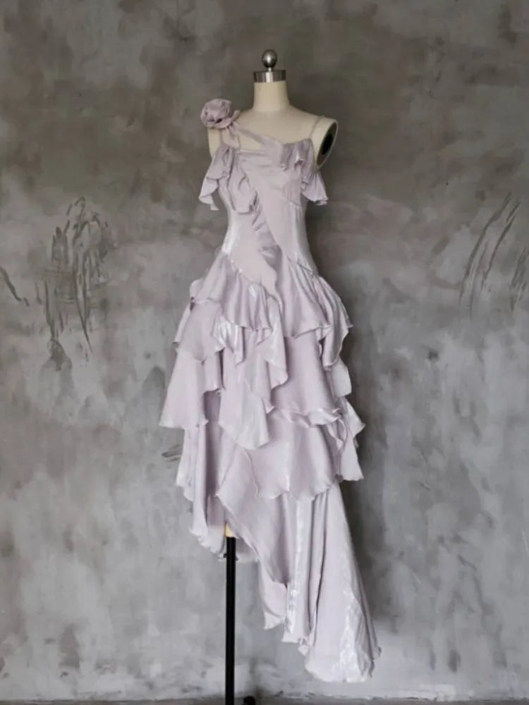 Light Purple Asymmetrical Layered Spaghetti Strap Evening Dress MD7538