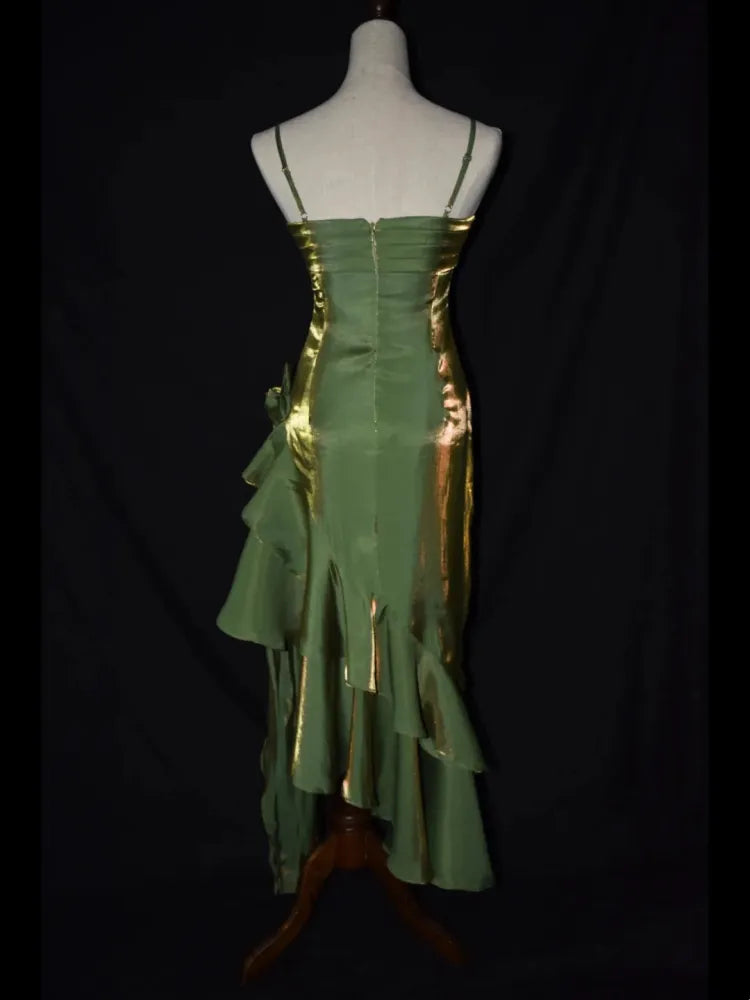 Grass Green Vintage Floral Dress Asymmetrical Hem Prom Dress MD7539