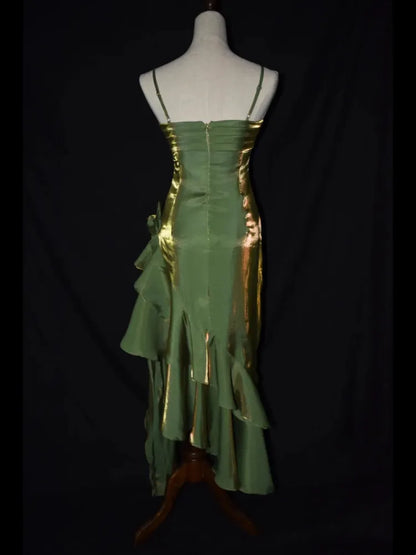Grass Green Vintage Floral Dress Asymmetrical Hem Prom Dress MD7539