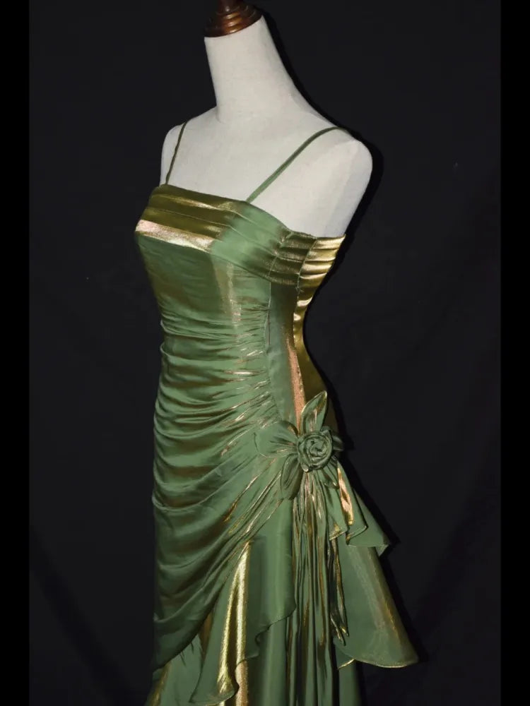 Grass Green Vintage Floral Dress Asymmetrical Hem Prom Dress MD7539