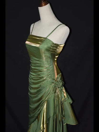 Grass Green Vintage Floral Dress Asymmetrical Hem Prom Dress MD7539