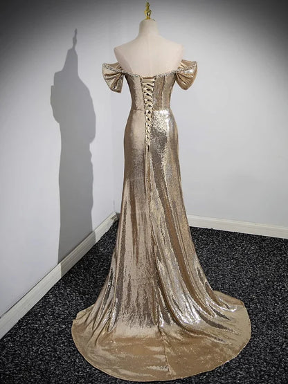 Gold Off-shoulder Sequin Mermaid Long Evening Dress with Train MD7582