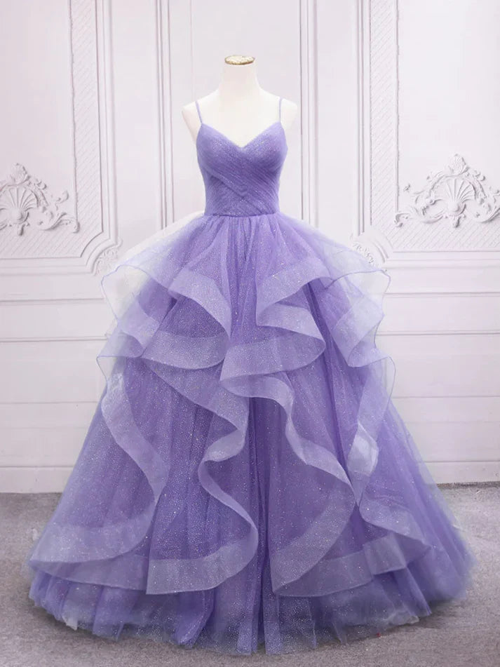 Light Purple Straps Long Prom Dress A Line Layered Birthday Party Dress MD7584
