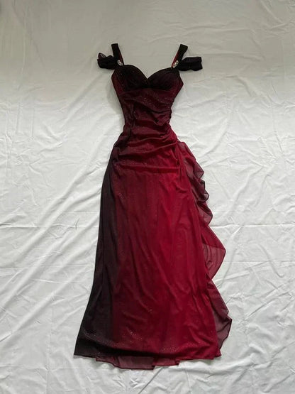 Burgundy Prom Dress A Line Shiny Sweetheart Long Gala Dress Ruffled Evening Gown Birthday Party Dress  MD7587