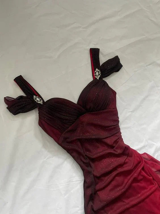Burgundy Prom Dress A Line Shiny Sweetheart Long Gala Dress Ruffled Evening Gown Birthday Party Dress  MD7587