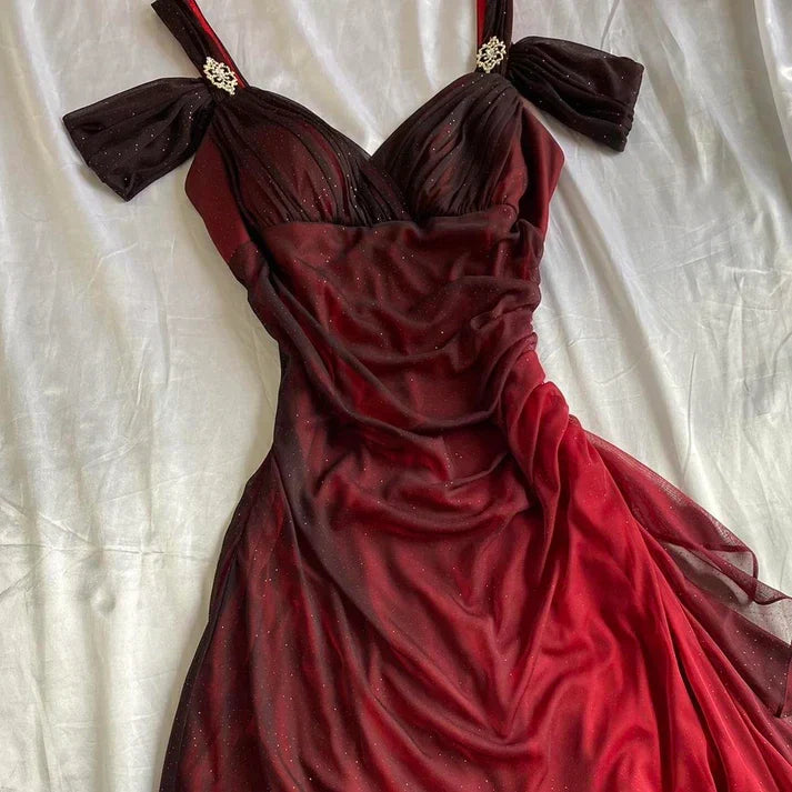 Burgundy Prom Dress A Line Shiny Sweetheart Long Gala Dress Ruffled Evening Gown Birthday Party Dress  MD7587
