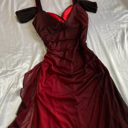 Burgundy Prom Dress A Line Shiny Sweetheart Long Gala Dress Ruffled Evening Gown Birthday Party Dress  MD7587
