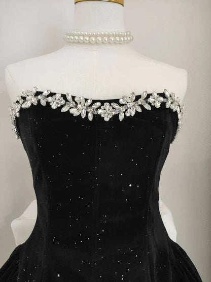 Black Strapless Short Prom Dress Beaded Evening Party Dress  MD7590