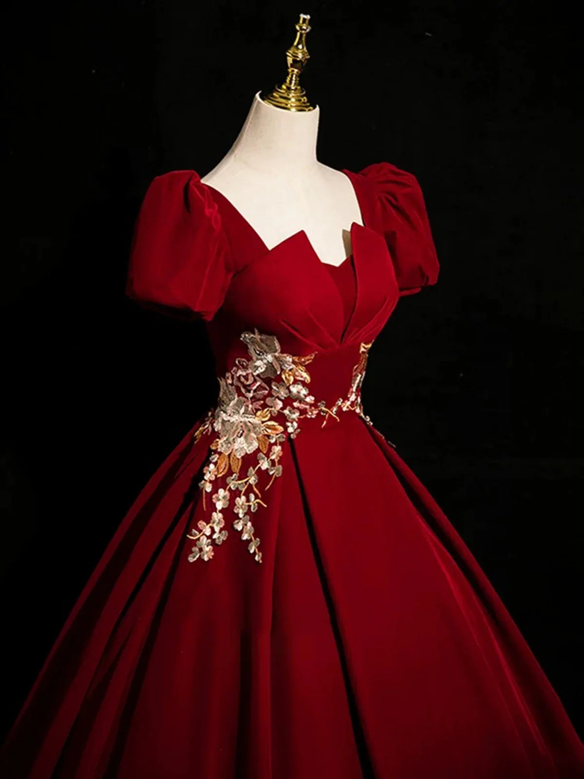 Wine Red Satin Short Sleeves Prom Dress, Wine Red Satin Party Dress MD7611