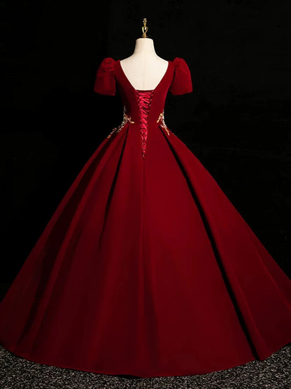 Wine Red Satin Short Sleeves Prom Dress, Wine Red Satin Party Dress MD7611