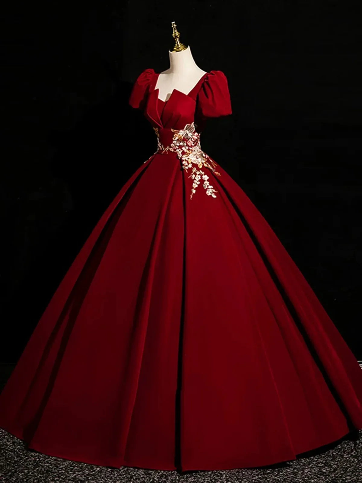 Wine Red Satin Short Sleeves Prom Dress, Wine Red Satin Party Dress MD7611