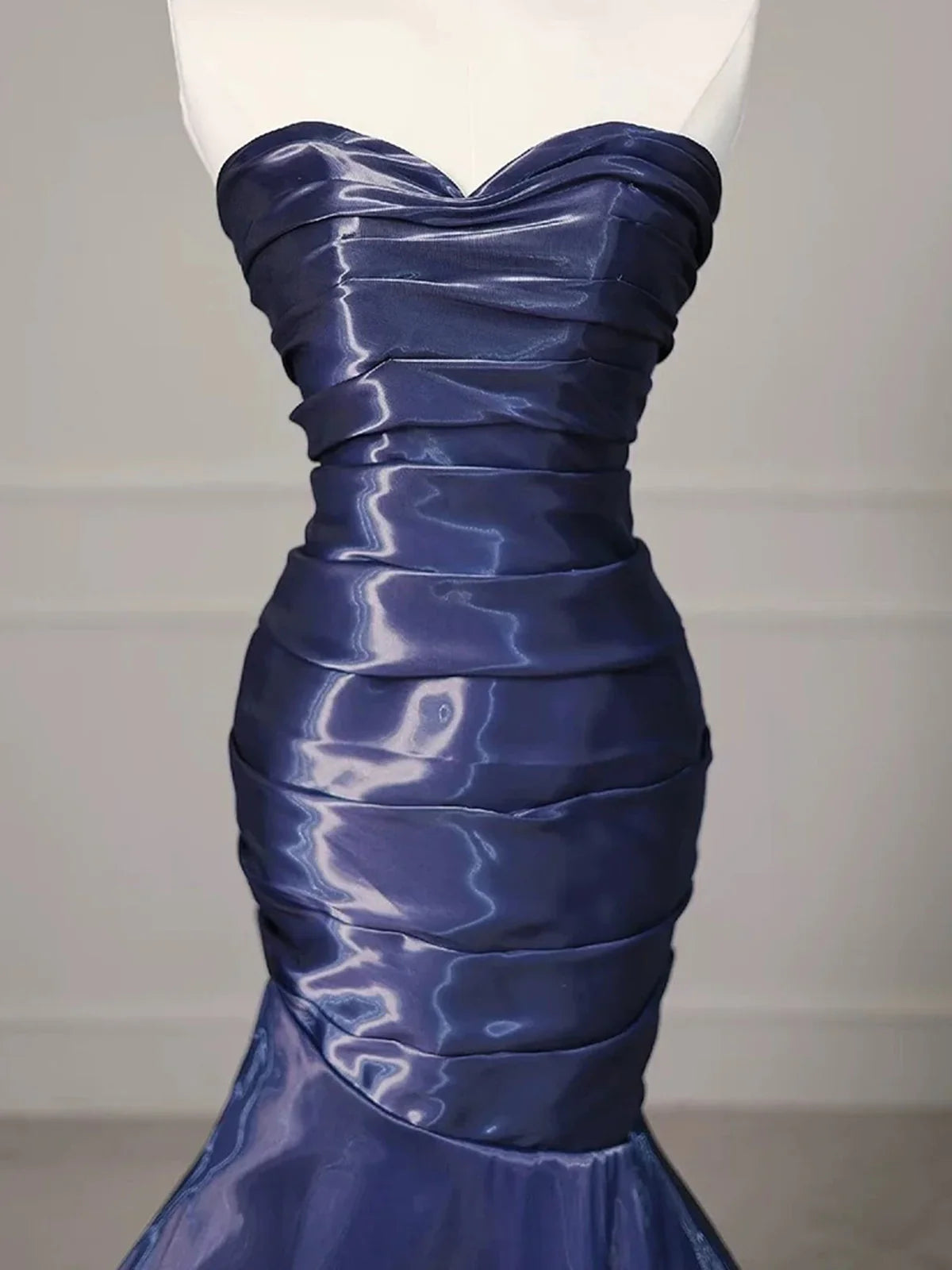 Navy Blue Mermaid Strapless Long Evening Dress, Navy Blue Satin Prom Dress MD7613