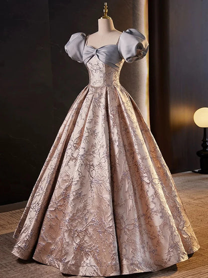 Lovely A-Line Floral Satin Short Sleeves Long Prom Dress Formal Gown MD7618