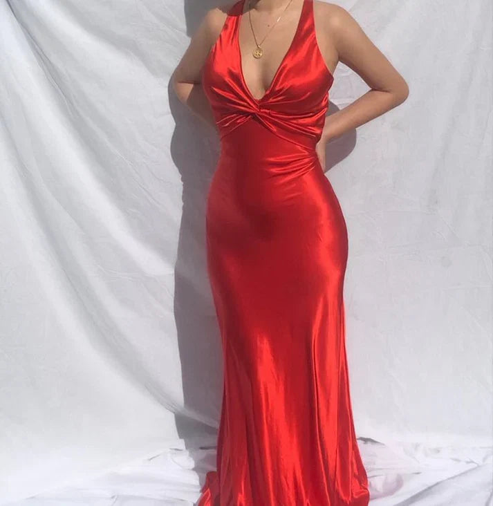 V Neck Red Mermaid Satin Long Prom Dress Formal Party Dress MD7626
