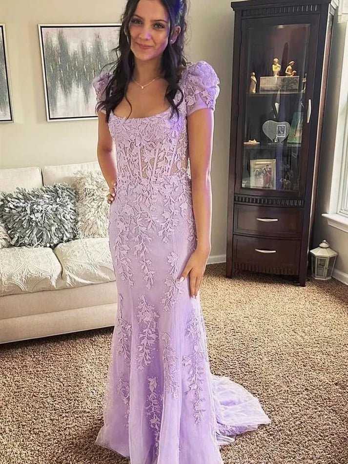 Lilac Short Sleeves Mermaid Long Prom Dress Applique Formal Party Dress  MD7628
