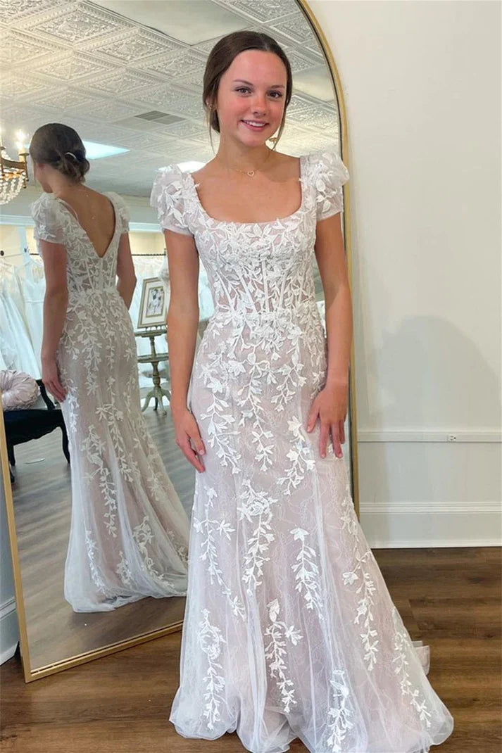 Lilac Short Sleeves Mermaid Long Prom Dress Applique Formal Party Dress  MD7628