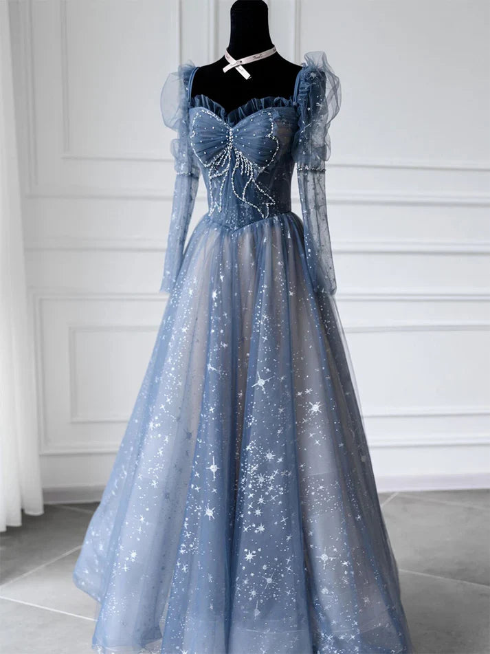 Blue A Line Tulle Prom Dress Sweetheart Shiny Formal Party Gown Princess Dress  MD7631