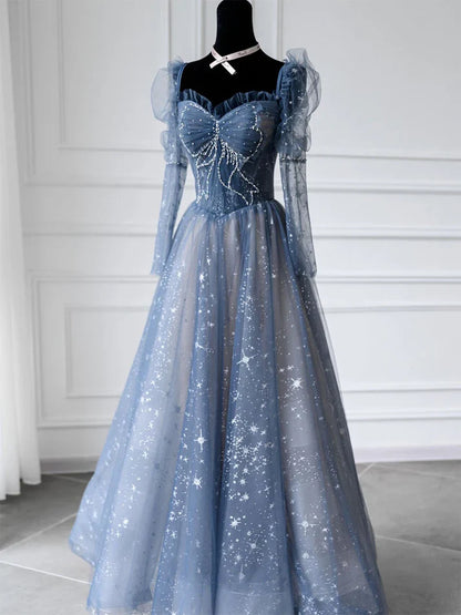 Blue A Line Tulle Prom Dress Sweetheart Shiny Formal Party Gown Princess Dress  MD7631