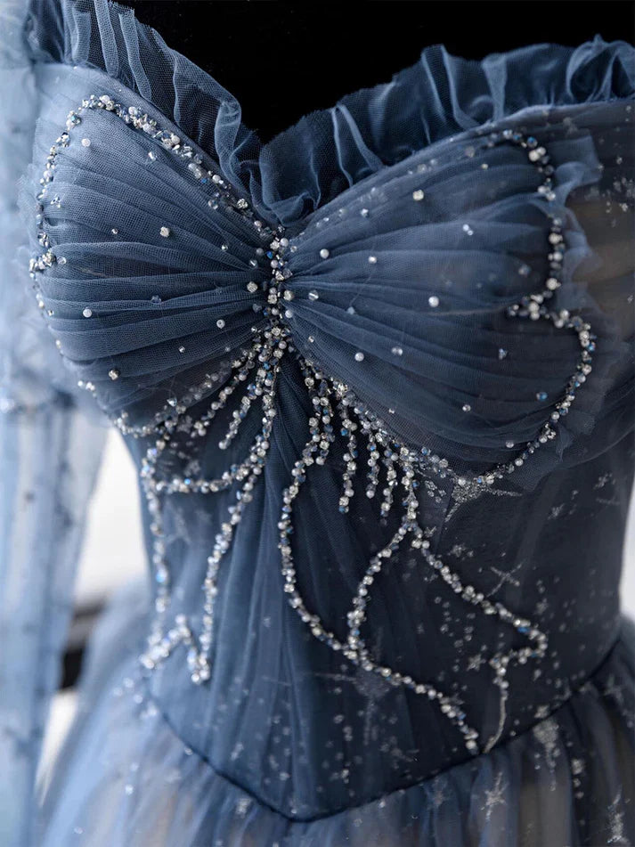 Blue A Line Tulle Prom Dress Sweetheart Shiny Formal Party Gown Princess Dress  MD7631