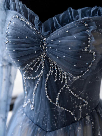 Blue A Line Tulle Prom Dress Sweetheart Shiny Formal Party Gown Princess Dress  MD7631