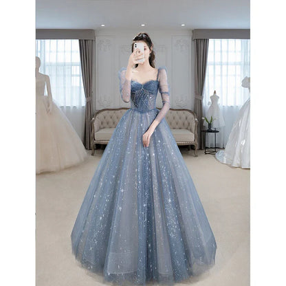Blue A Line Tulle Prom Dress Sweetheart Shiny Formal Party Gown Princess Dress  MD7631